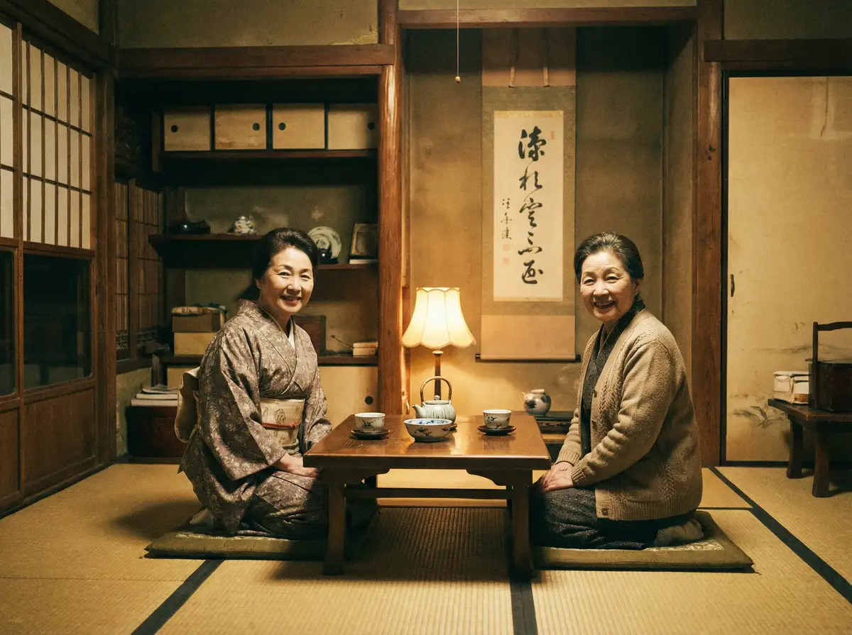 两位优雅的 小视频 在日式茶室中品茶交谈